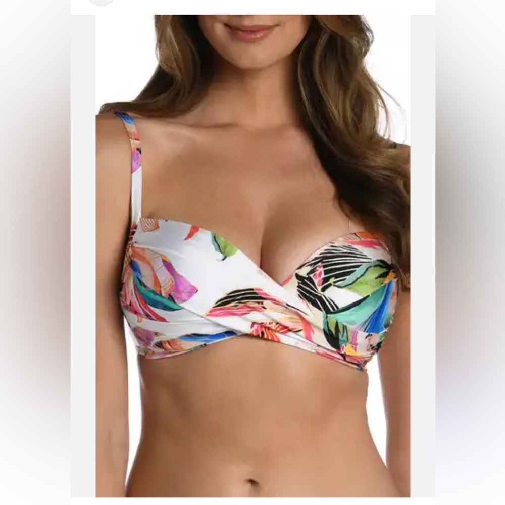Women's White Tropical Print Twist-Front Bikini Top
